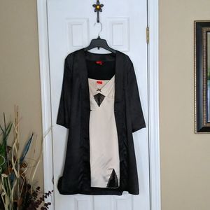 Black Satin Robe with tan night dress with black lase inserts. Lingerie …